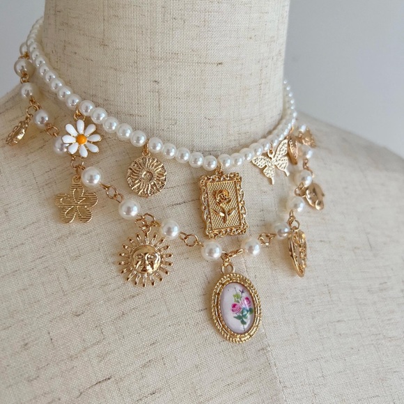 Anthropologie Jewelry - Vintage Pearl Choker: Gold Floral Charms, Rose Cameo Necklace
